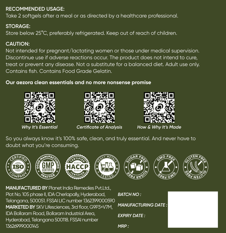 Recommended usage: 2 softgels after a meal. Storage and caution information, with QR codes to full lab reports and certificates of analysis